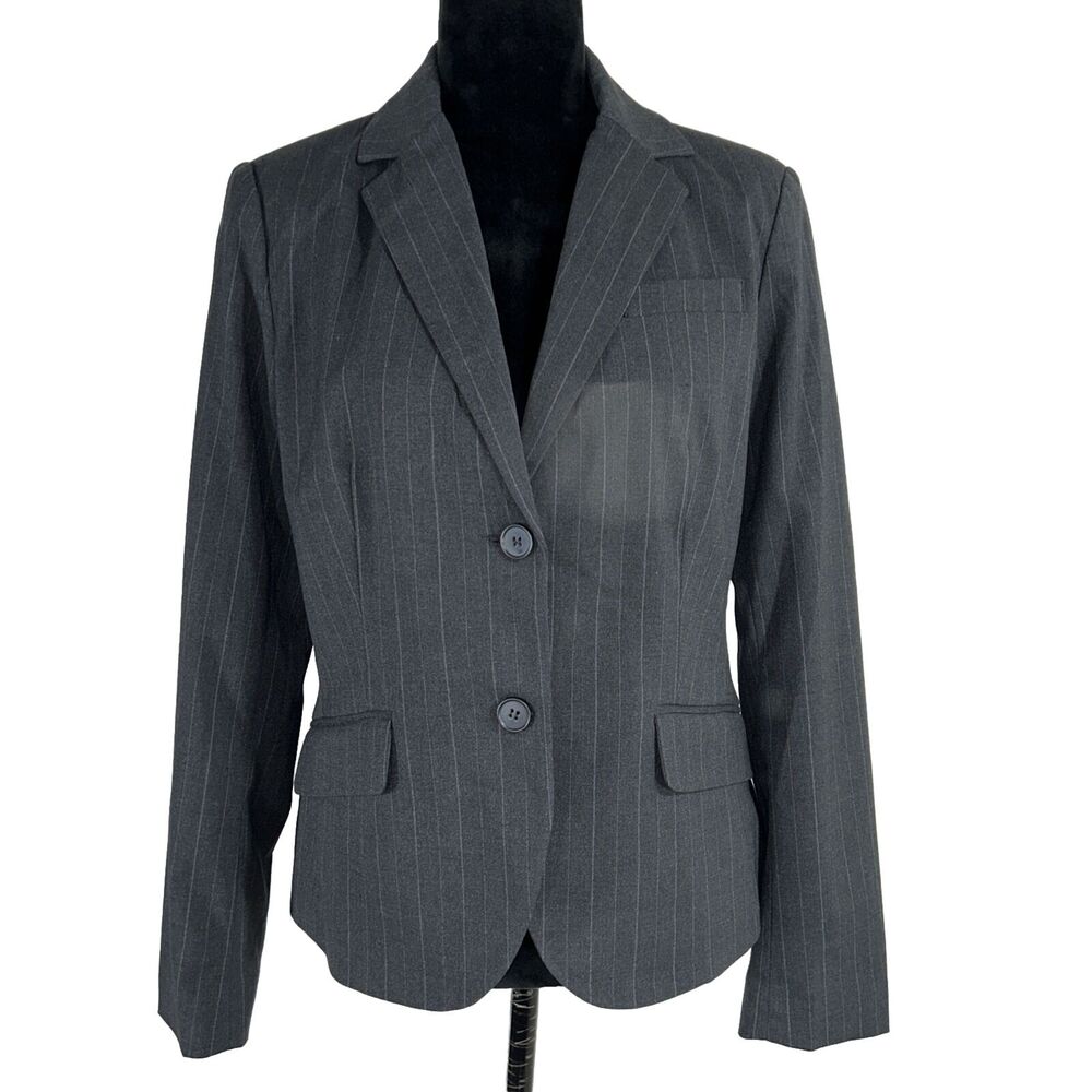 NY&C Women 10 Black White Pinstripe Blazer Pocket Career‎ Lined 2 Button